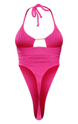 Hot Pink Chunky Rib Knit Chain Bodysuit