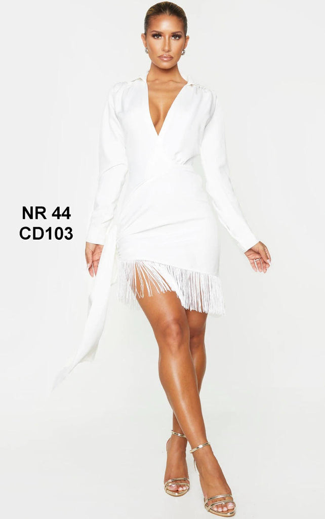 White Long Sleeve Tassel Hem Drape Detail Bodycon Dress