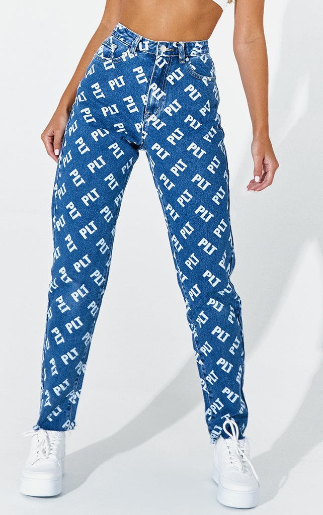 PRETTYLITTLETHING Mid Blue Wash Mom Jeans