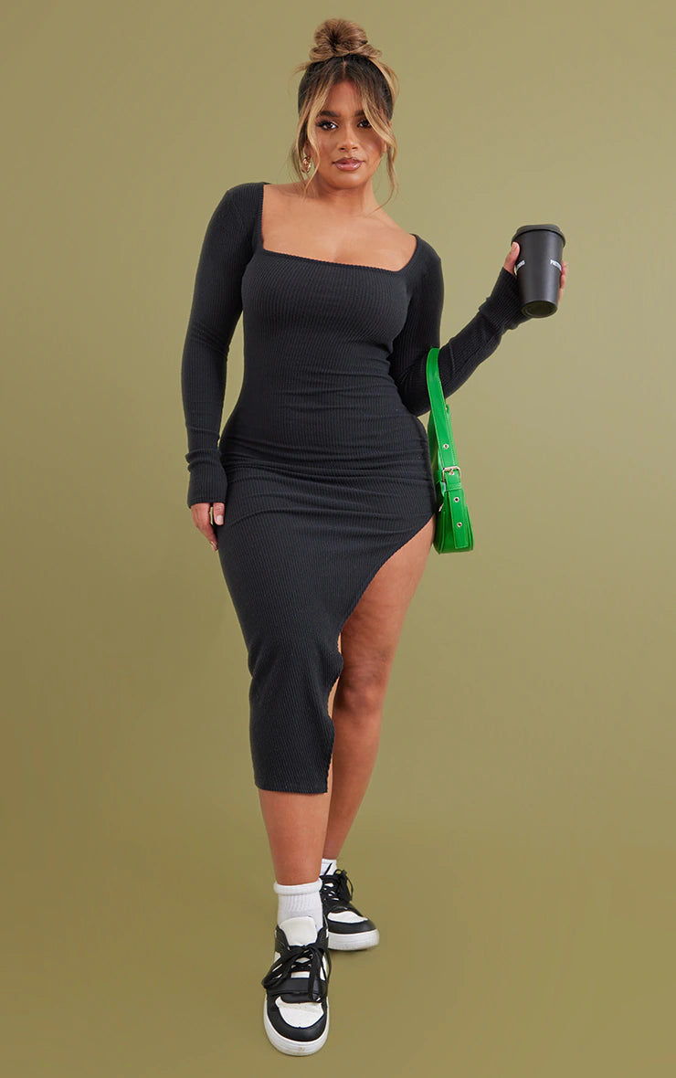 Shape Black Brushed Rib Square Neck Split Side Midi Dress