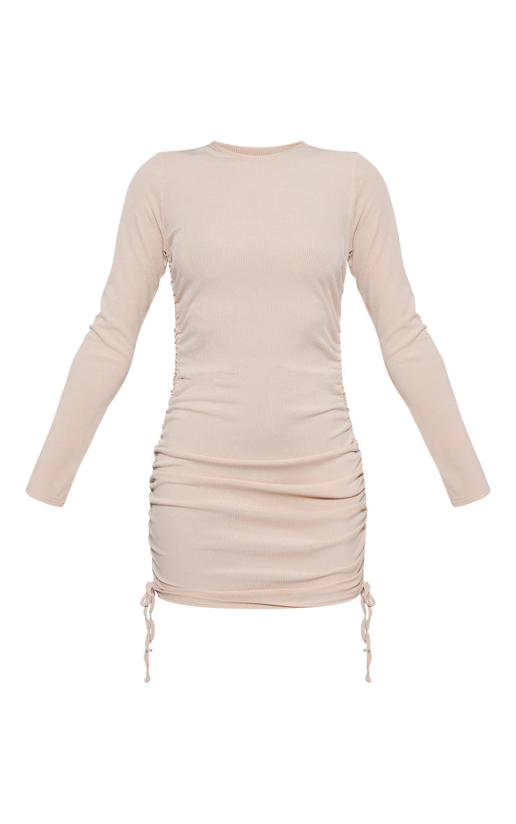 Desert Sand Thick Rib Ruched Side Bodycon Dress