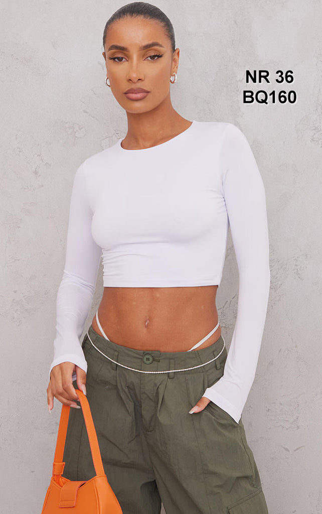 Basic White Slinky Long Sleeve Crop Top