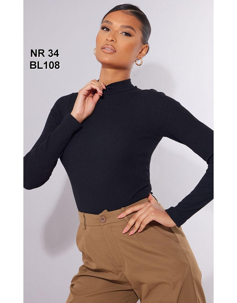 Black Ribbed High Neck Long Sleeve Bodysuit