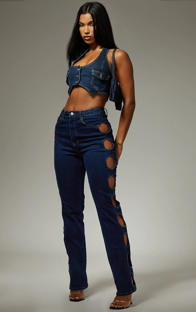Indigo Cut Out Side Straight Leg Jean