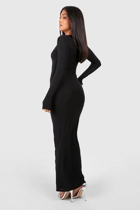 boohoo Petite Slinky Scoop Neck Long Sleeve Maxi Dress
