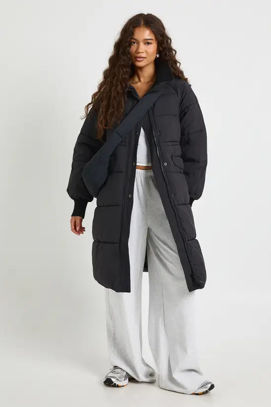 black recycled detachable hem longline puffer coat