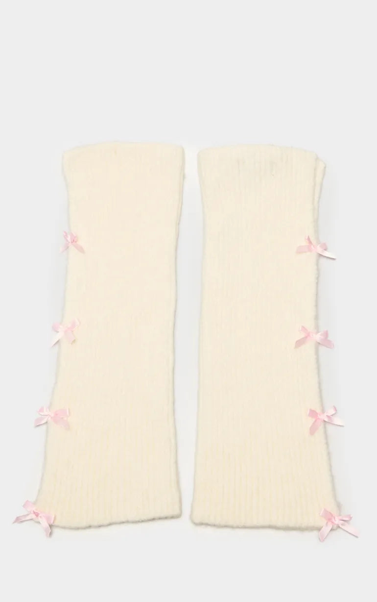 Beige Bow Detail Arm Warmers