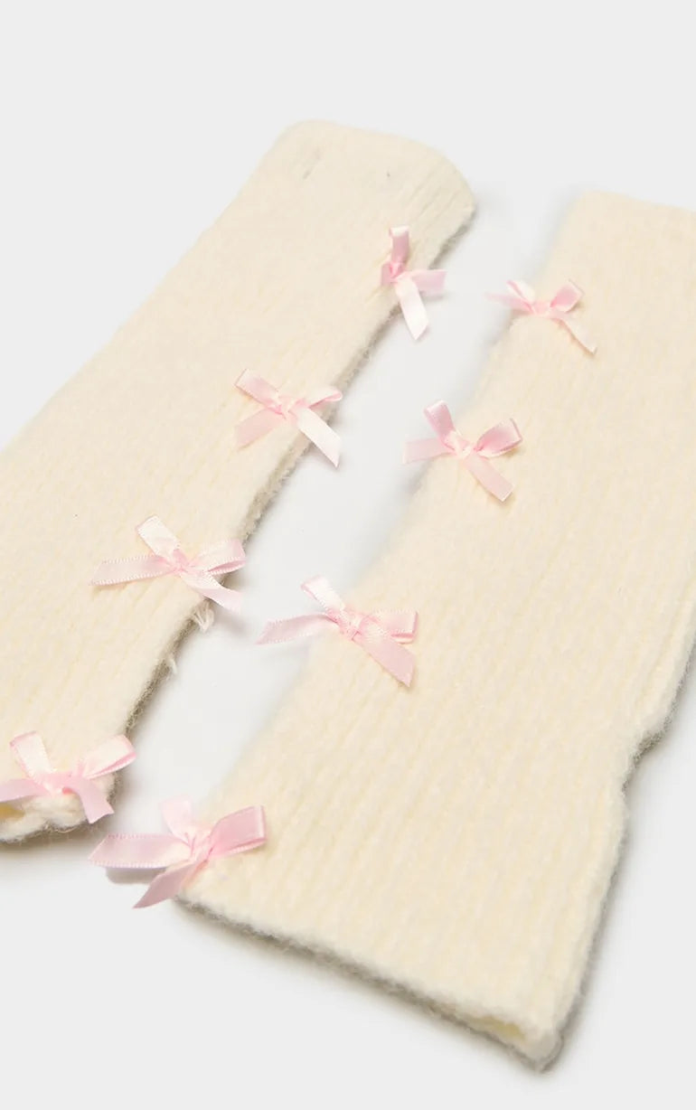 Beige Bow Detail Arm Warmers