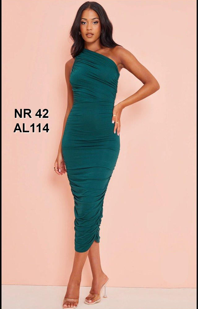 Emerald Green Slinky Ruched One Shoulder Longline Midi Dress
