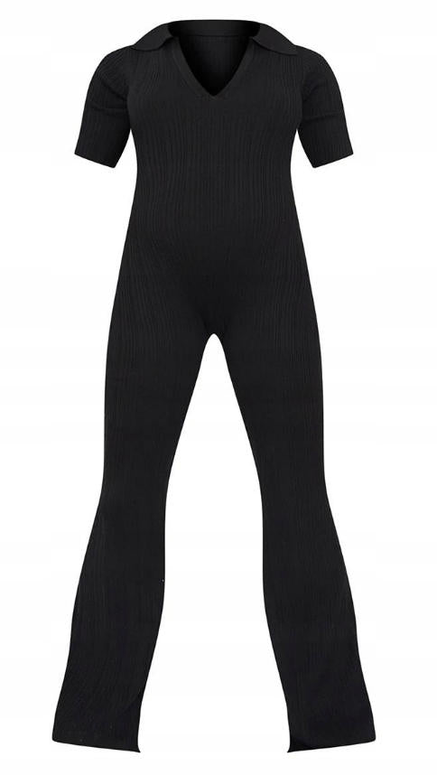 maternity black knited rib polo short sleeve wide leg jumpsit
