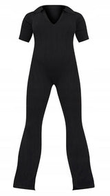 maternity black knited rib polo short sleeve wide leg jumpsit