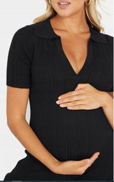 maternity black knited rib polo short sleeve wide leg jumpsit