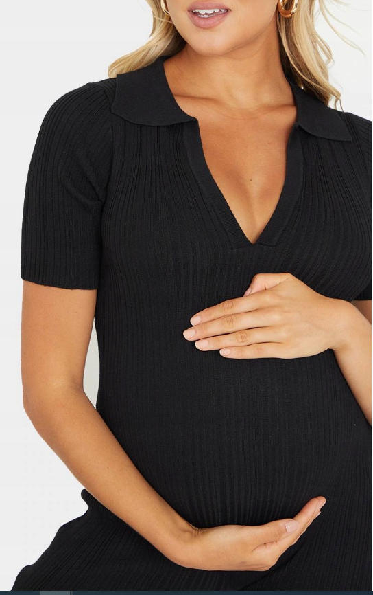 maternity black knited rib polo short sleeve wide leg jumpsit