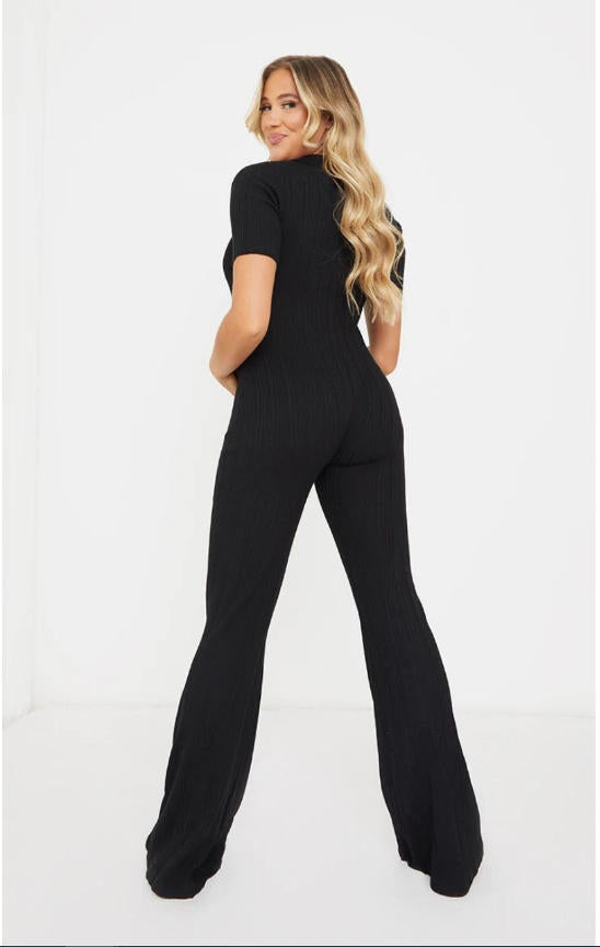 maternity black knited rib polo short sleeve wide leg jumpsit