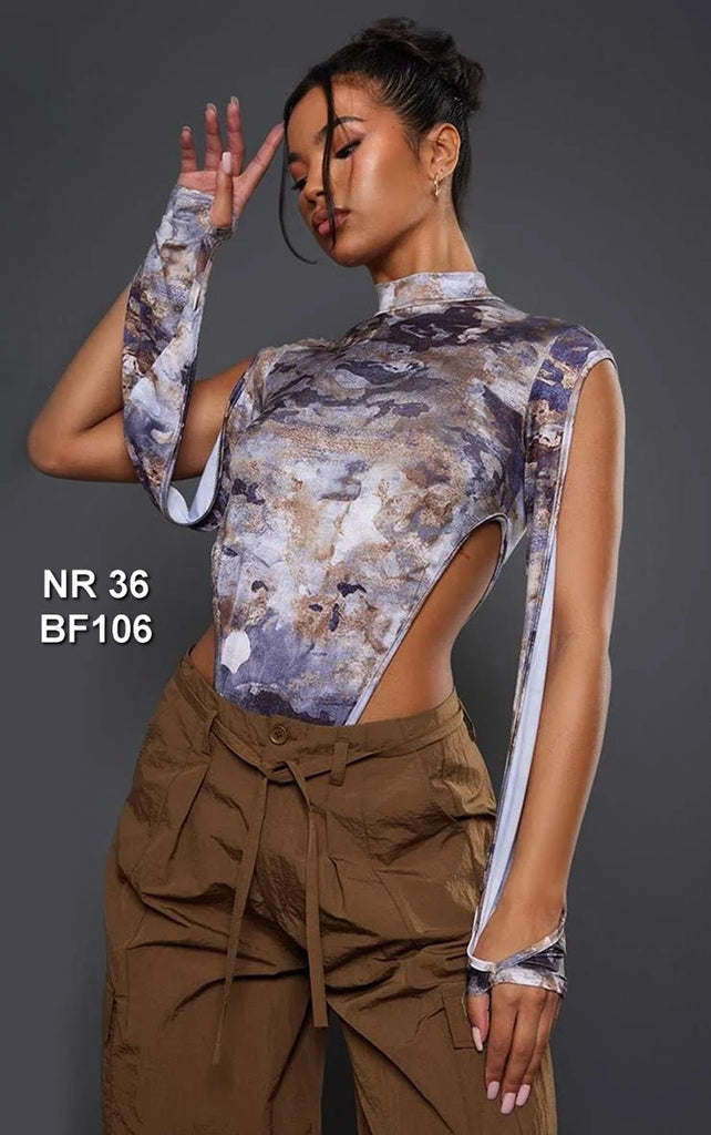 Prettylittlething Women's Grey Printed Slinky High Neck Cut Out Bodysuit